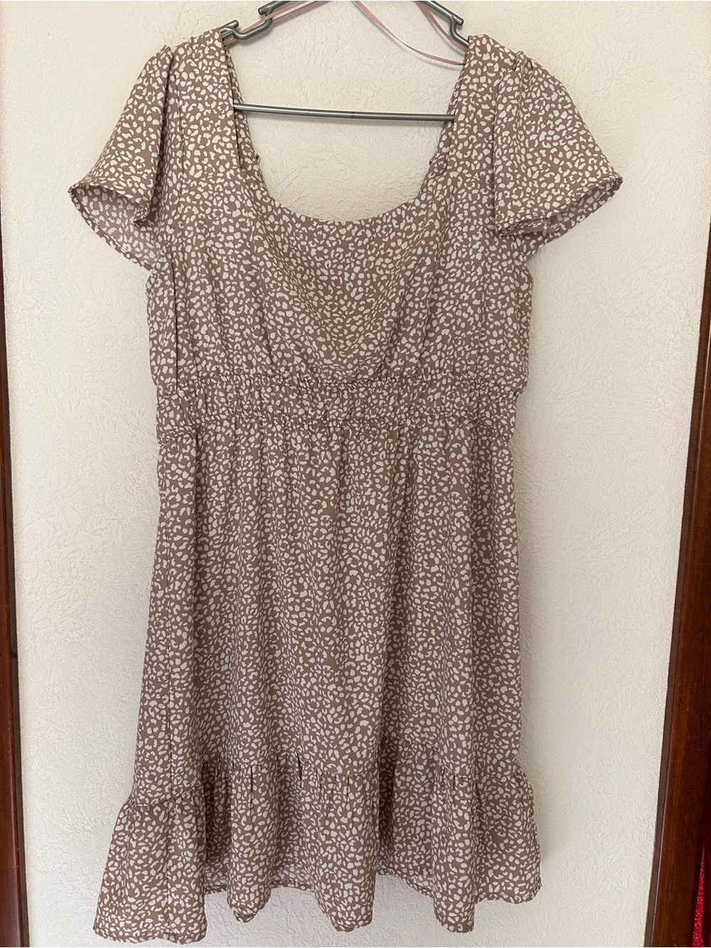 Pink Rose Taupe and White Short Sleeve Ruffle Hem Dress